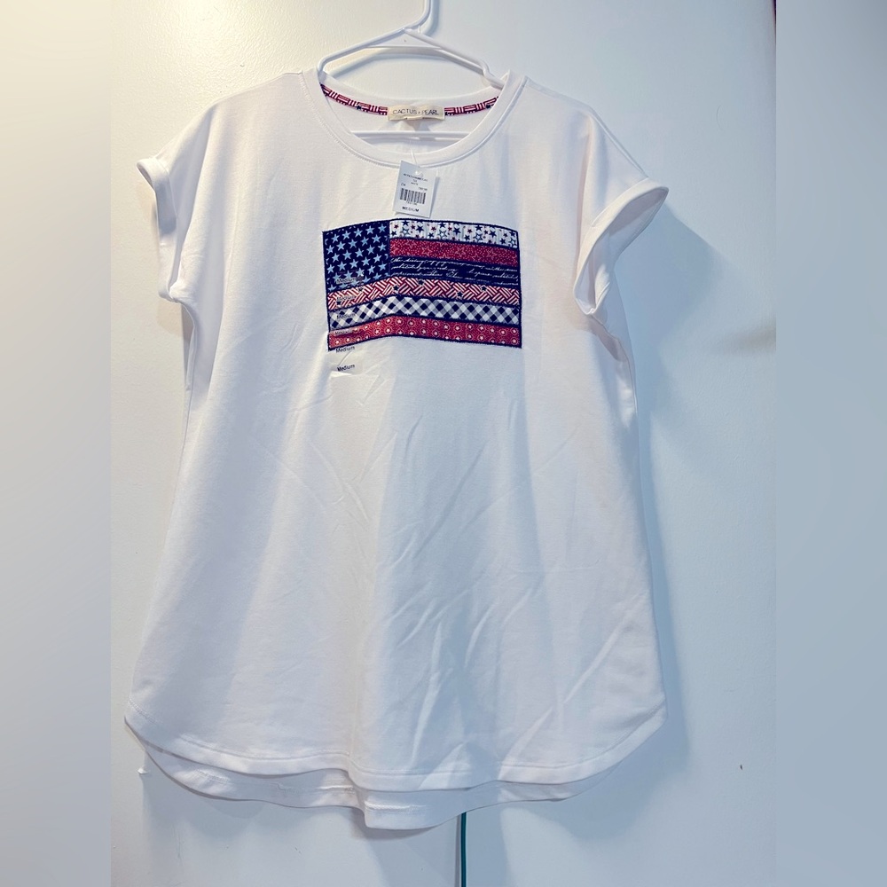Cactus & Pearl White Tee with Flag Design
